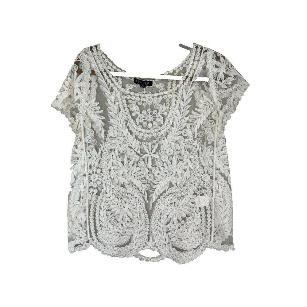 Neutral Floral Mesh Sheer Top M White Boho Indie Festival Summer Beach Coastal